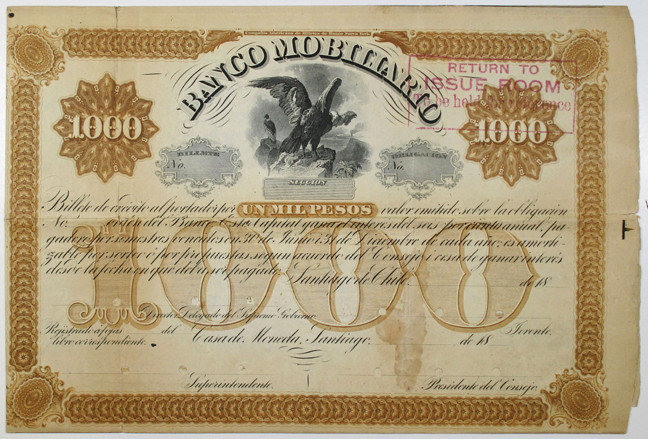 Santiago, Chile, ND (1880's). 1000 Pesos Specimen 6% Coupon Bond in Spanish, Bla...