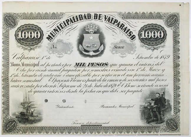 Valparaiso, Chile, 1879. 1000 Pesos Specimen 1% Coupon Bond in Spanish, Black te...