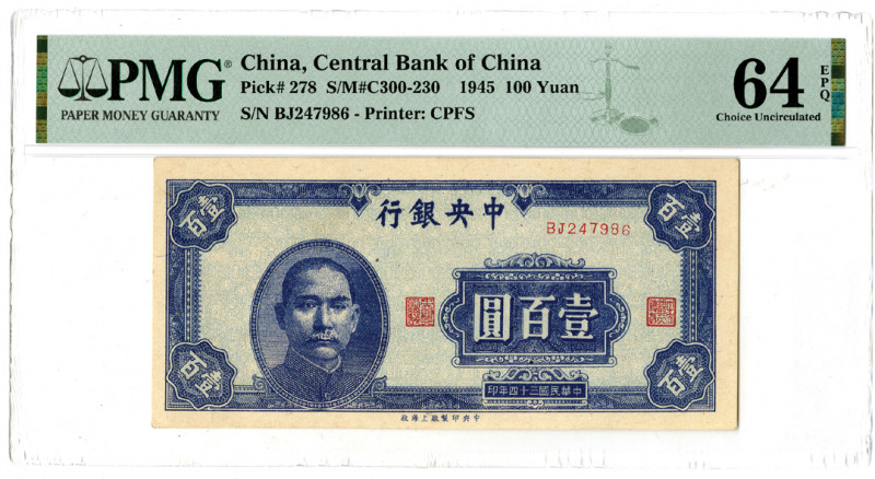 China, 1945. 100 Yuan, P-278 S/M#C300-230, Issued Banknote. Dark blue with light...