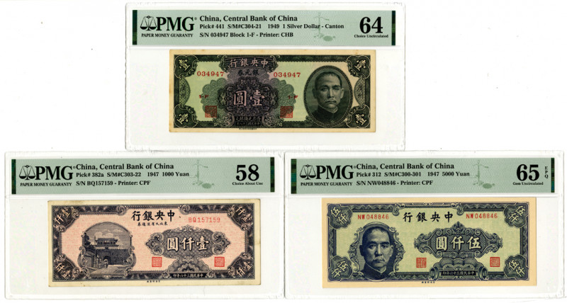 China. 1947-49. 3 Issued banknotes: 5000 Yuan, P-312 S/M#C300-301, PMG graded Ge...