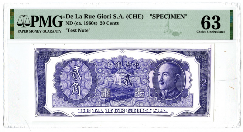 China and Great Britain, ND (ca. 1960s). 20 Cents, Specimen Test Note, Purple an...