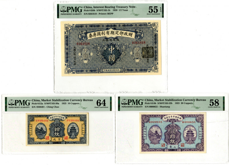 China. 1920-23. 3 Issued banknotes: 10 Coppers, P-612a S/M#T183-50a, PMG graded ...