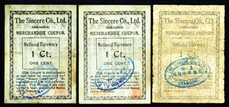 Shanghai, China......, Lot of 3 notes, all are (ca.1930's) "The Sincere Co. Ltd"...