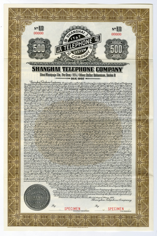 Delaware. $500 Specimen 6% Series B, 1st Mortgage Silver Dollar Debenture Coupon...