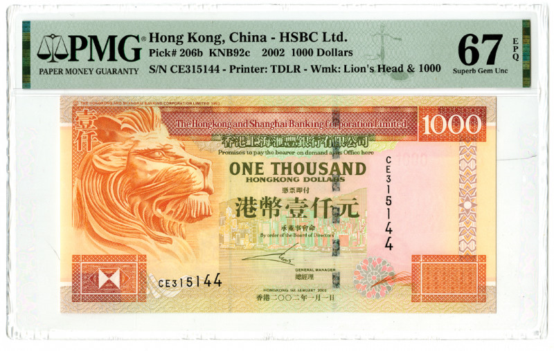 Hong Kong, China. 2002. 1000 Dollars, P-206b KNB92c, Issued banknote, Orange and...