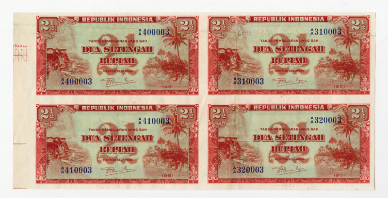 Indonesia, 1951. Uncut block of 4 Specimen/Proof Banknotes, all are: 2 1/2 Rupia...