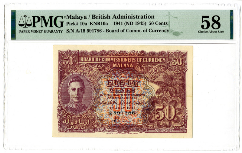 Malaya - British Administration. 1941 (ND 1945). 50 Cents, P-10a KNB10a, Issued ...