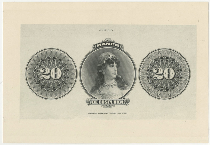 Costa Rica. 1899, 20 Pesos, P-S165p Unlisted Back proof, Printed in black on ind...