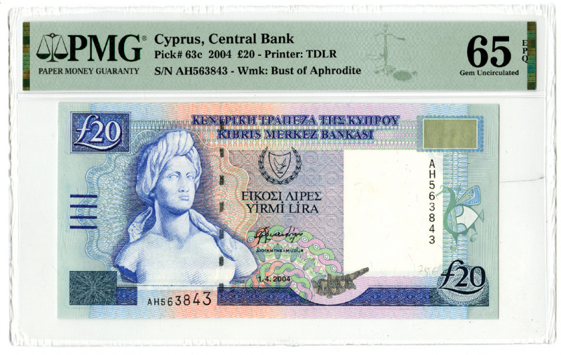 Cyprus. 2004. 20 Pounds, P-63c, Issued banknote, Blue on multicolor underprint, ...