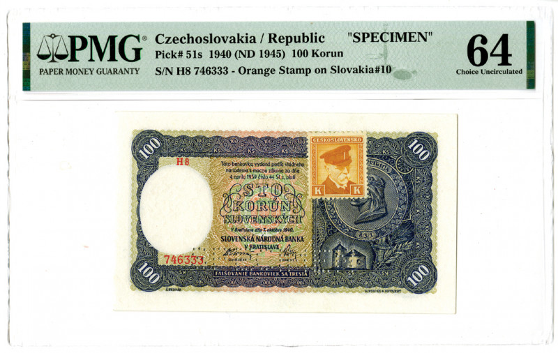 Czechoslovakia/Republic. 1940 (ND 1945). 100 Korun, P-51s, Specimen banknote, Da...
