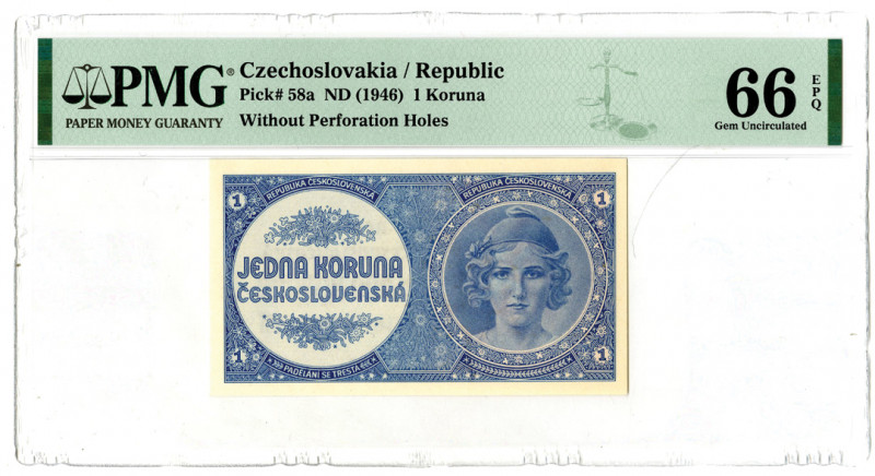 Czechoslovakia/Republic. ND (1946). 1 Koruna, P-58a, Issued banknote, Without pe...