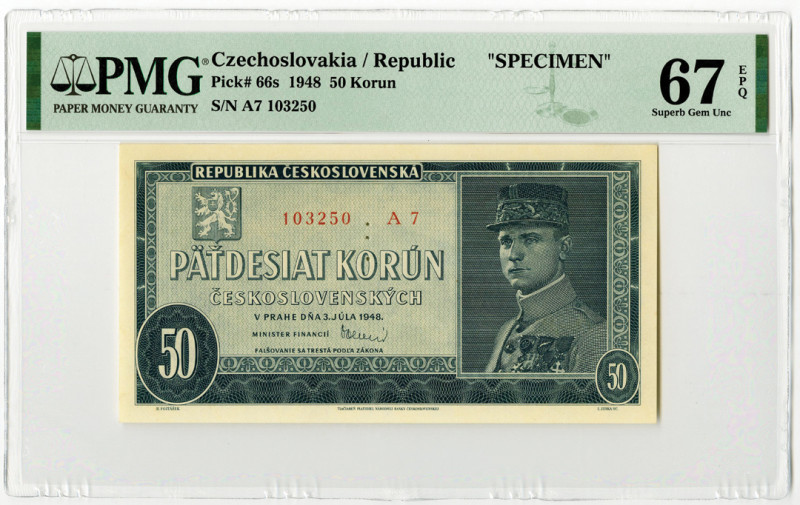 Czechoslovakia. 1948. 50 Korun, P-66s, issued banknote, S/N 103250 A7, PMG Grade...