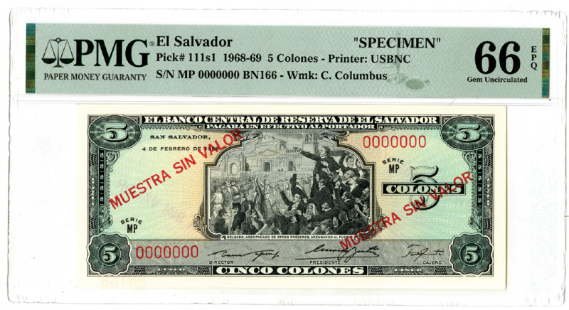 El Salvador. 1968-69. 5 Colones, P-111s1, Specimen banknote, Black on multicolor...