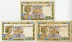 Banque de France. Trio of Issued Banknotes 1940-42