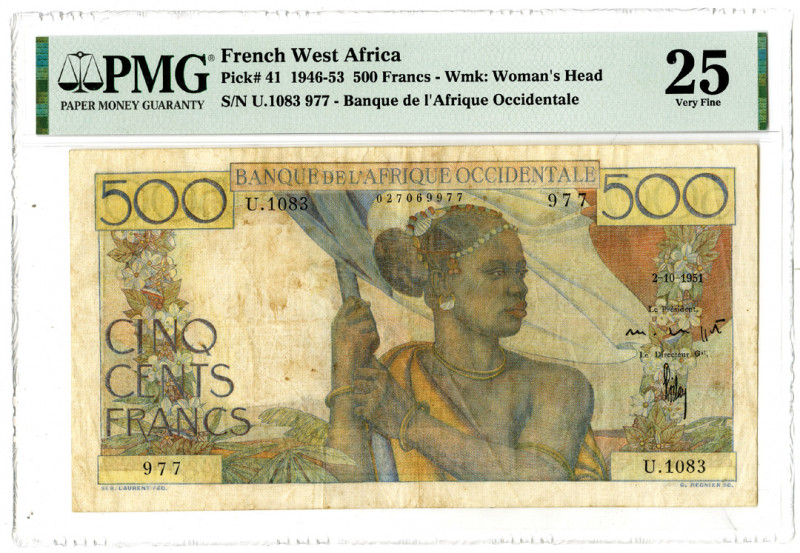 French West Africa….. 1946-53. 500 Francs, P-41, Issued banknote, Multicolor, S/...