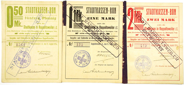 Germany. 1914. Lot includes a trio of 50 Pfennig, 1 Mark, and 2 Mark Notgeld, al...