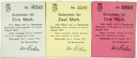 Sterkrade. Sparkasse Sterkrade, 1914. Lot of 3 Issued Notgeld Emergency Scrip Notes.