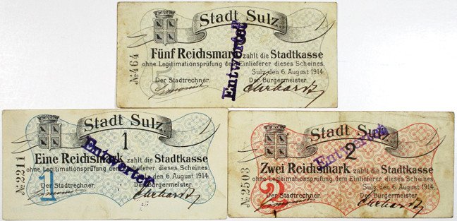 Germany and France. 1914. Stadt Sulz, K-388, Lot includes a trio of 1, 2, and 5 ...