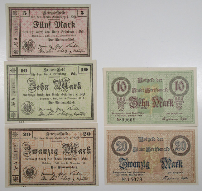 Germany. 1918, Lot of 5 POW Notgeld, includes a pair of 10 and 20 Mark Notgeld f...