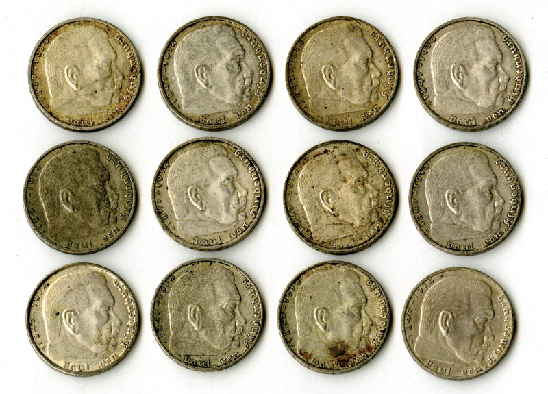 Germany…. 1938, Lot of 36, 2 Reichsmark Coins, various mint marks, KM#93, Mostly...