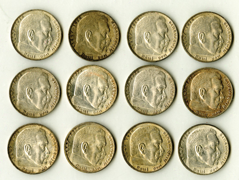 Germany…. 1938, Lot of 18, 5 Reichsmark Coins, various mint marks, KM#93, Mostly...