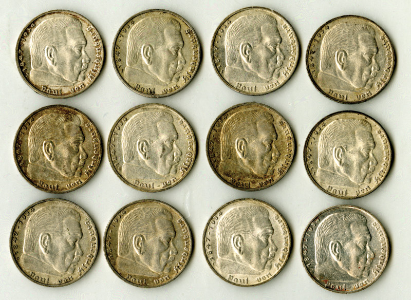 Germany…. 1939, Lot of 18, 5 Reichsmark Coins, various mint marks, KM#93, Mostly...