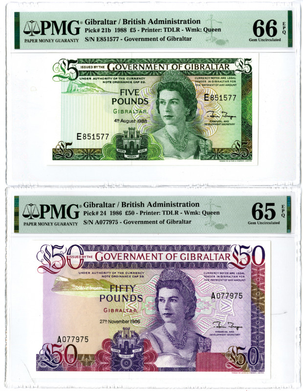 Gibraltar, 1986-88. Pair of Issued Banknotes. 50 Pounds, P-24, 1986. S/N A077975...