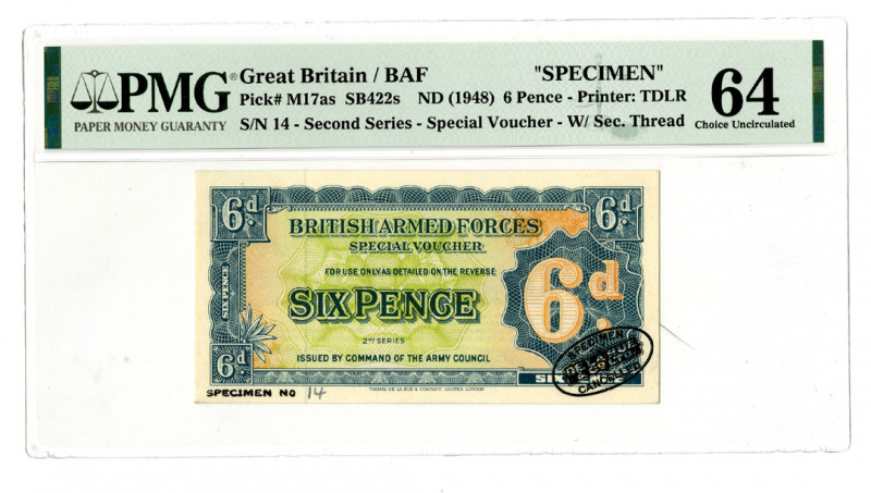 Great Britain. BAF, Specimen 6 Pence, ND (1948), P-M17as SB422s. Blue on lime gr...