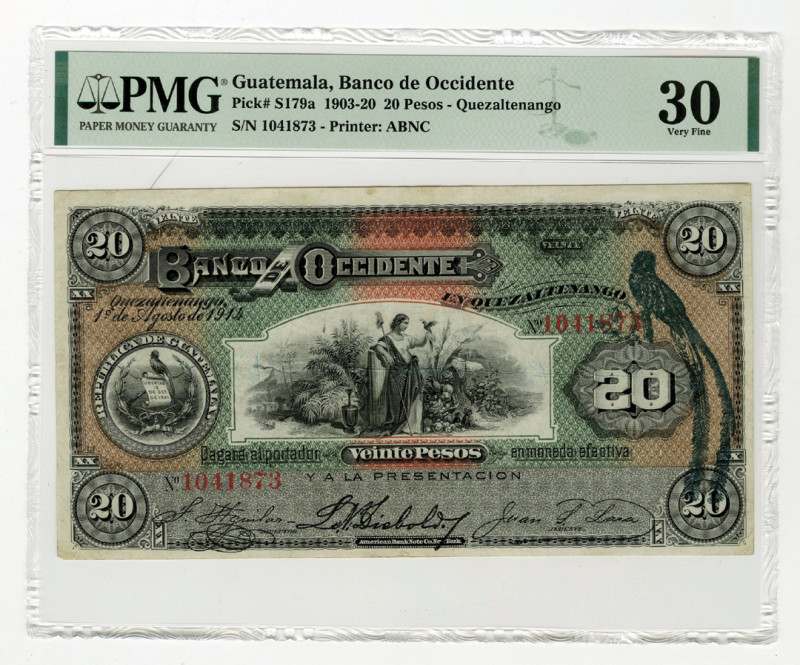 Guatemala. 1903-20. 20 Pesos - Quezaltenango, P-S179a, Issued banknote, Black on...