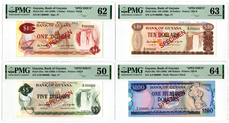 Guyana, ND (1989). Lot of 4 Specimen Banknotes, Includes: $1, P-21fs, PMG Uncirc...