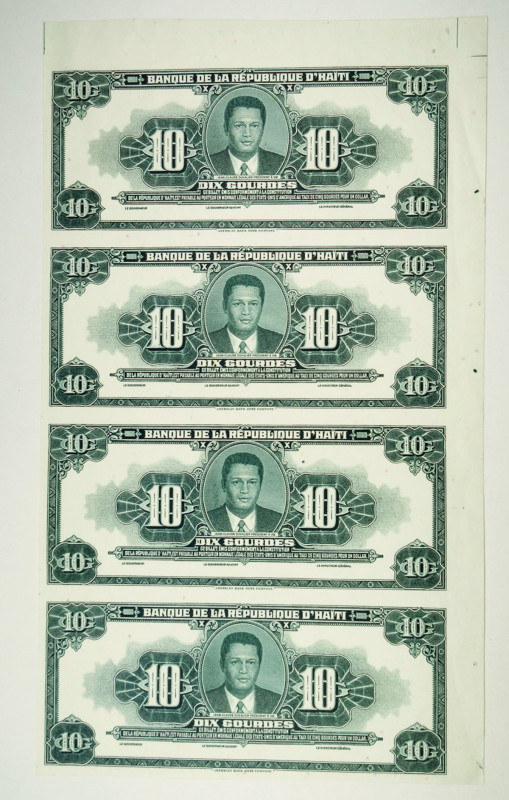 Haiti, 1985. Uncut Sheet of 4 10 Gourdes, P-242p, Proof Banknote. Green with por...