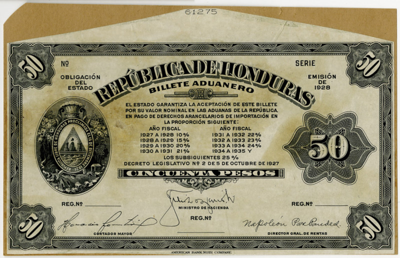 Honduras, 1928 emission, 50 Pesos, P-S165A. Obverse Progress proof black and whi...