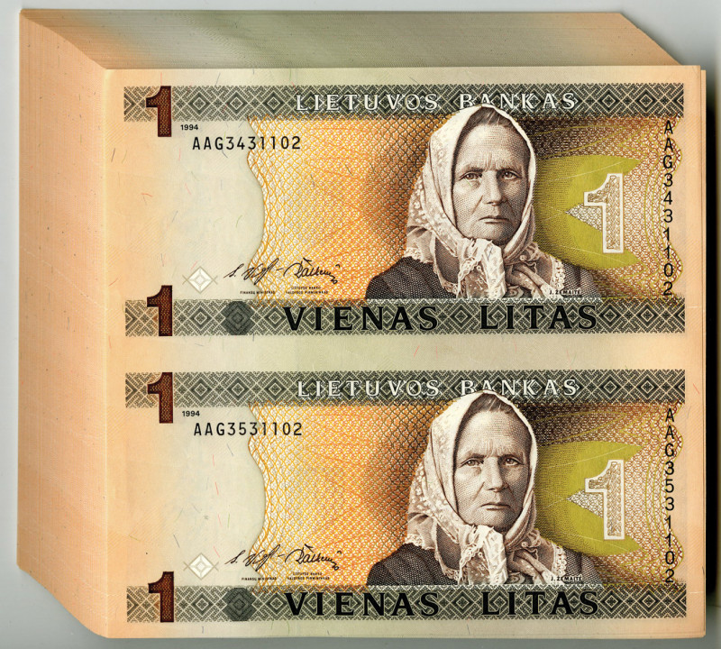 Lithuania, 1994, 1 Litas, P-53a Unlisted as uncut pairs, Black and dark brown on...