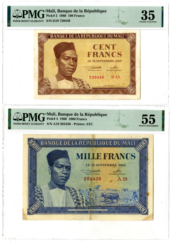 Mali. 1960. 2 Issued banknotes: 100 Francs, P-2, Brown on tan underprint, S/N D1...