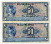 Banco de Mexico. 1961. Uncut Pair of 50 Pesos Progress Proof/Specimens
