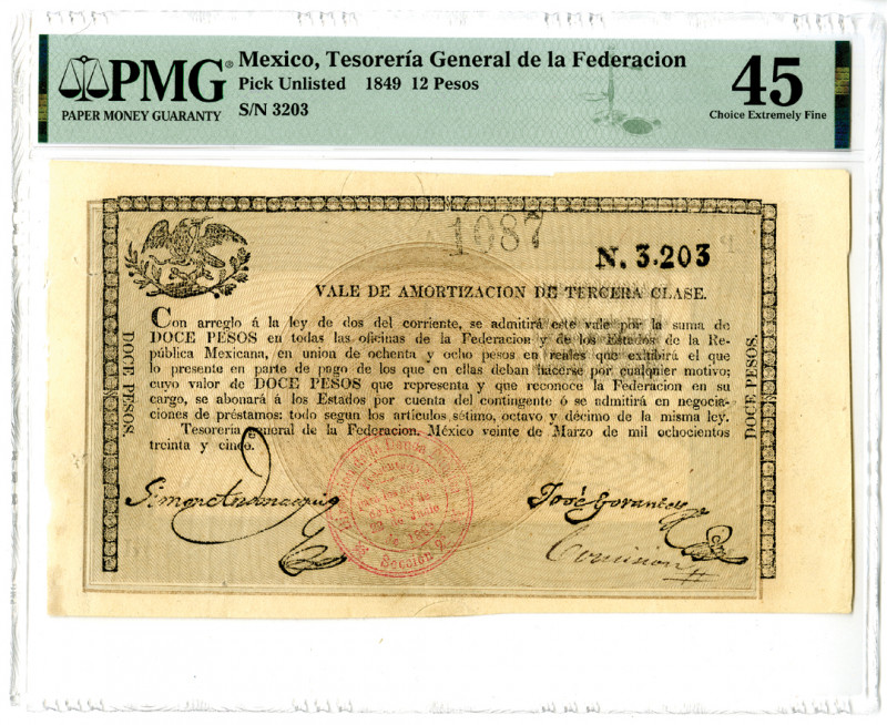 Mexico, 1849. 12 Pesos, P-Unlisted, Issued Banknote. Black print on tan underpri...