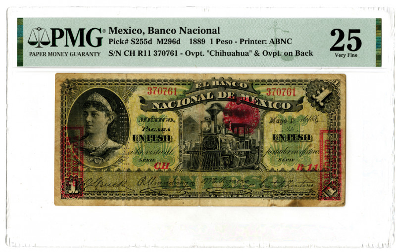 Mexico. 1889. 1 Peso, P-S255d M296d, Issued banknote, Black on green and yellow ...