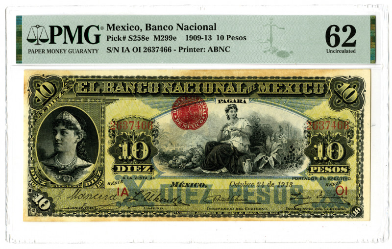 Mexico. 1913. 10 Pesos, P-S258e M299e, Issued banknote, Black on yellow and blue...