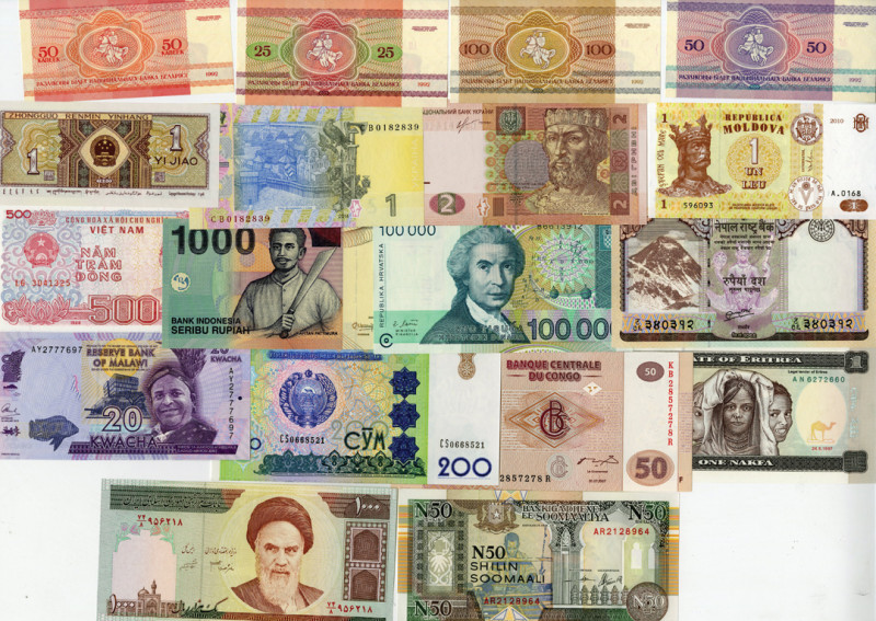 Lot includes notes from Belarus, China, Congo, Croatia, Eritrea, Indonesia, Iran...
