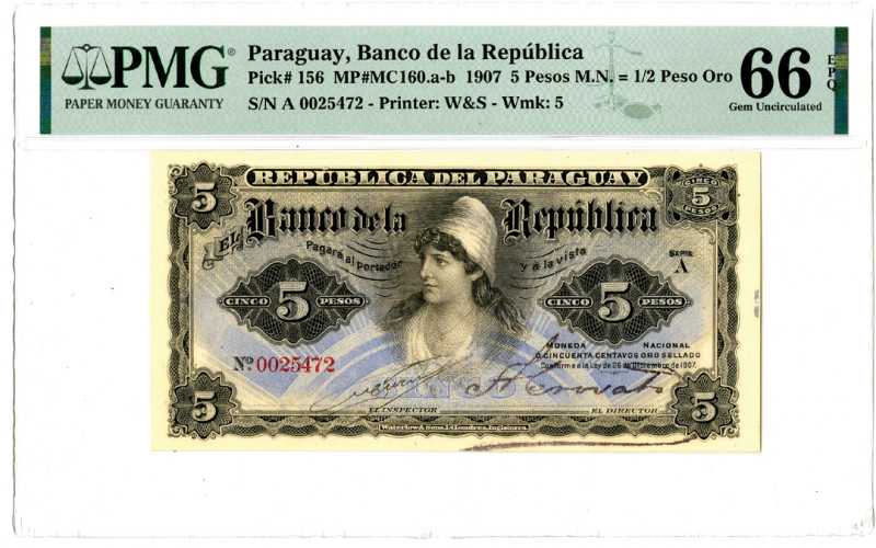 Paraguay, 1907. 5 Pesos M.N. = 1/2 Peso Oro, P-156 MP#MC160.a-b, Issued Banknote...