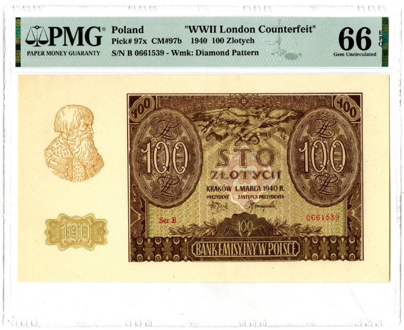 Poland, 1940. 100 Zlotych, P-97x CM#97b, Issued WWII London Counterfeit Banknote...