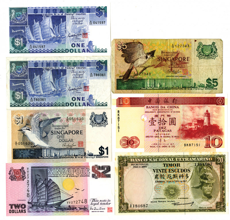 Timor, Macau and Singapore....., Lot of 7 issued banknotes. Timor - Portuguese A...