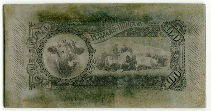 Uruguay. 1887, 100 Pesos, P-215, Steel Back Printing Plate. Vignette of cow on r...