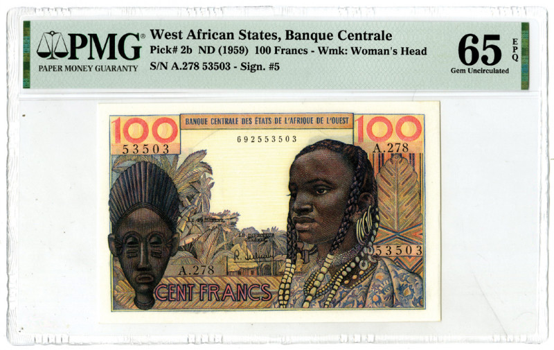 West African States, ND (1959). 100 Francs, P-2b, Issued Banknote. Red and m/c p...