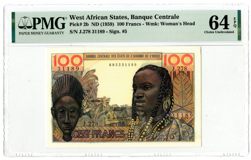 West African States, ND (1959). 100 Francs, P-2b, Issued Banknote. Red and m/c p...