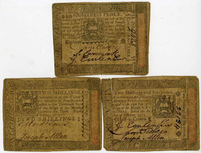 Pennsylvania, October 1st, 1773, Lot of 3 Issued banknotes: 18 Pence, P-S2540A, ...