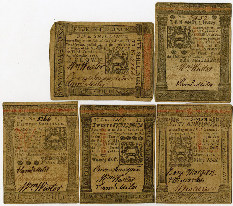 Pennsylvania, October 1st, 1773. Lot of 5 Issued banknotes: 5 Shillings, P-S2540...