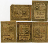 Pennsylvania Colonial Currency Quintet, October 1st, 1773, Signed by Owen Jones Jr. and Samuel Miles