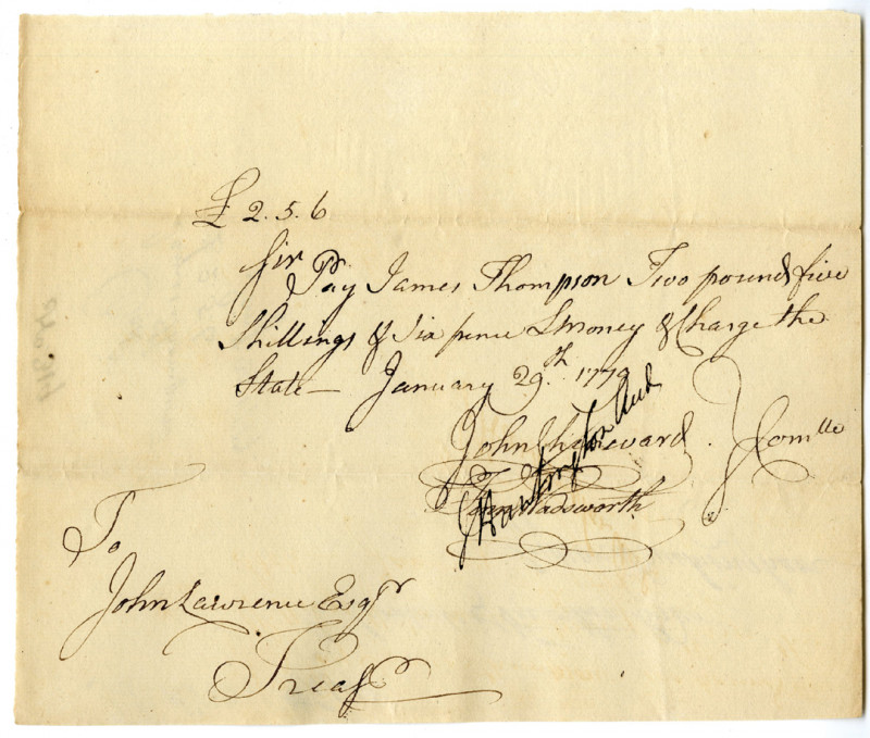 Connecticut, 1779. Handwritten promissory note issued to James Thompson the sum ...