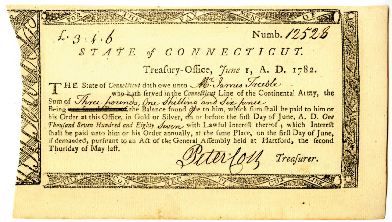 Hartford, Connecticut, 1782. I/C Payment for 3 Pounds, 1 Shilling, and 6 Pence f...